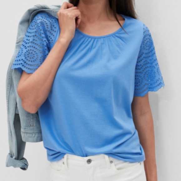 Banana Republic Eyelet-Sleeve T-shirt, Lapis Blue, Size Large. - Picture 1 of 6